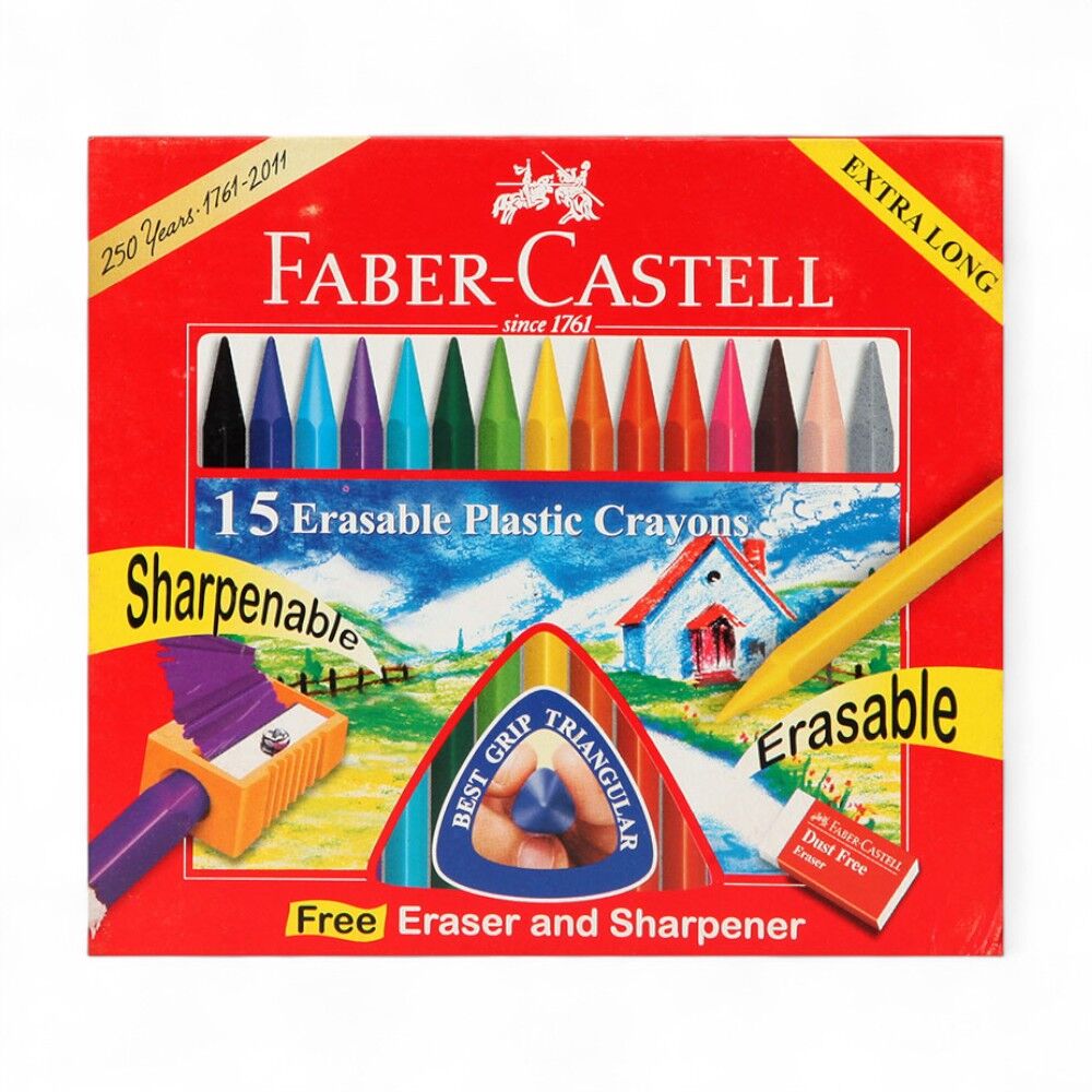 Faber-Castell Silinebilir Mum Boya, 15 Renk (Silgi ve Kalemtraş Hediyeli)
