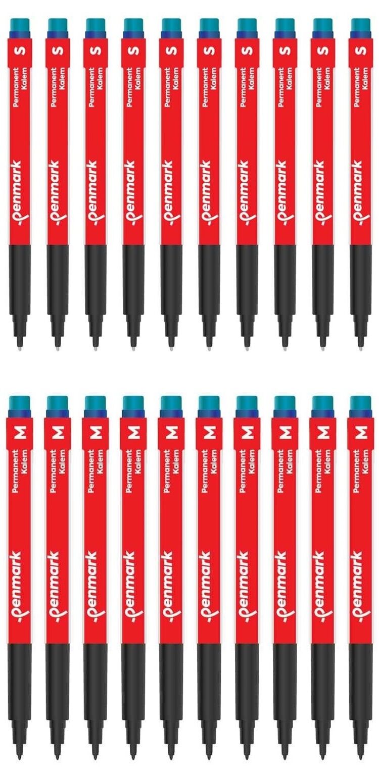 Penmark Mavi Asetat (CD) Kalemi Seti (S ve M Uç – 10+10 Adet, Toplam 20 Kalem) – Kalıcı, Hızlı Kuruyan ve Profesyonel Yazım